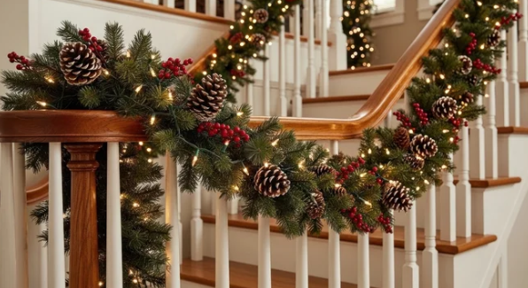 Staircase garland with ribbon